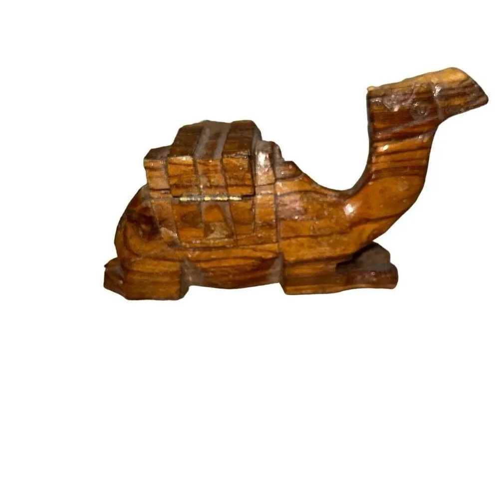 Camel Figurine From Egypt hand carved olive wood trinket box vintage wooden